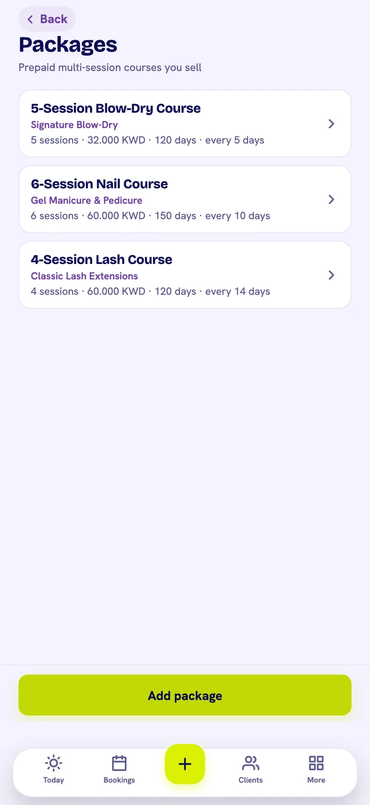 A salon's package catalog in the SalonMawid app