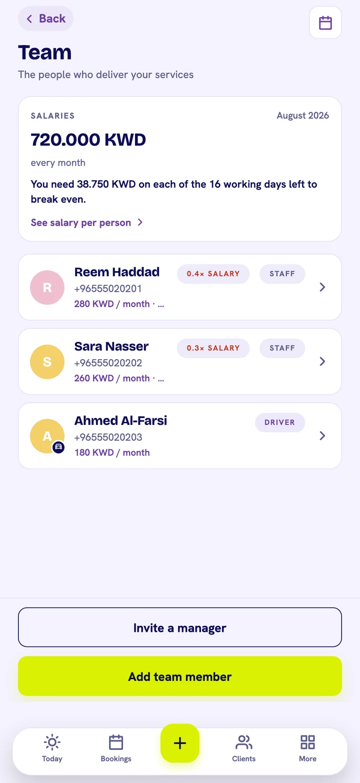 The payroll card at the top of the Team screen in the SalonMawid app