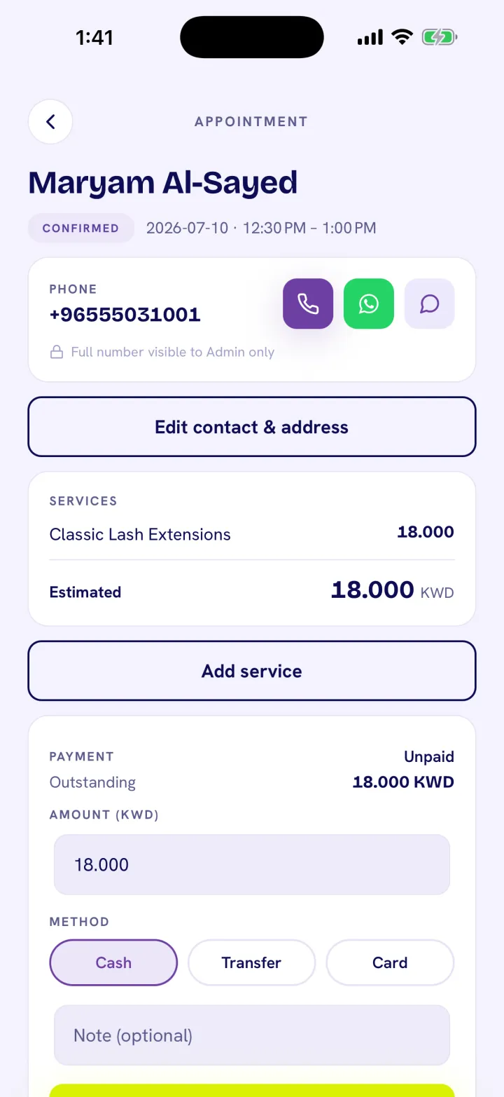 Booking detail with WhatsApp status