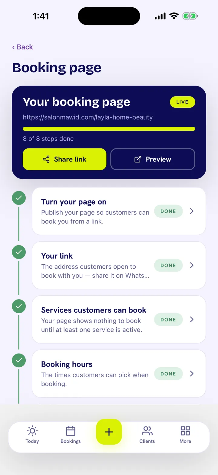 A salon's branded booking page