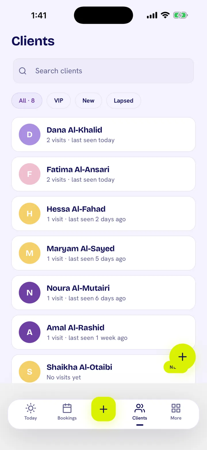 Your client list in the SalonMawid app
