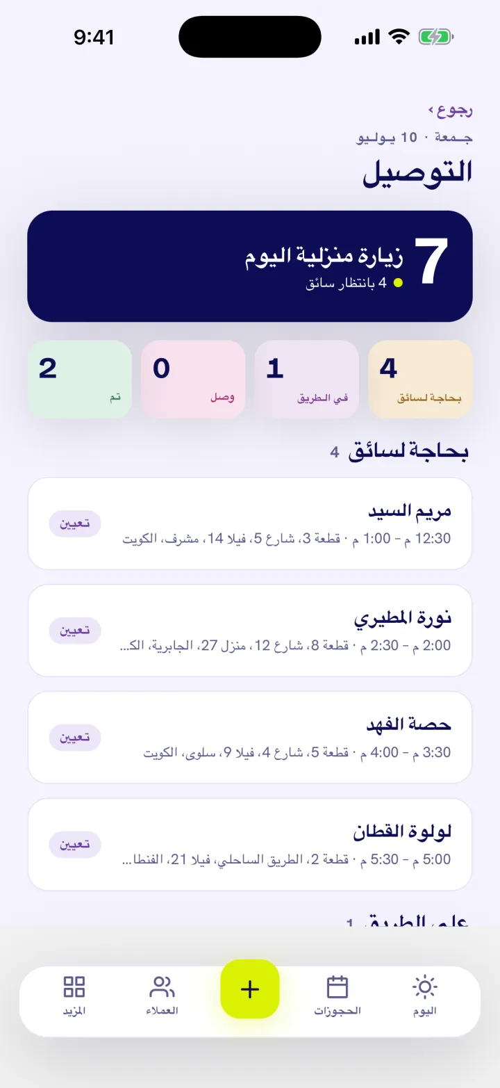 لوحة توزيع السائقين ومتابعة الزيارات مباشرة