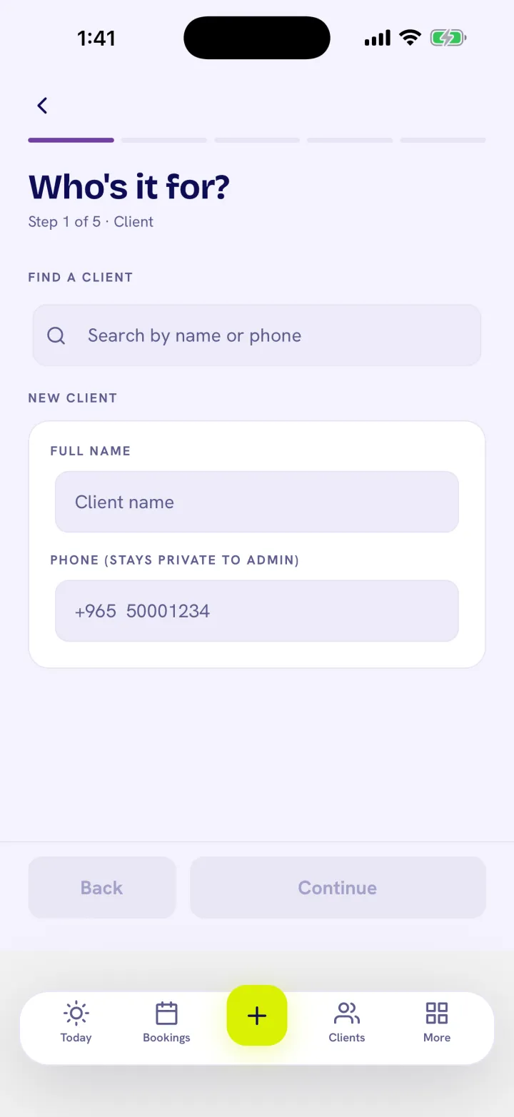 Booking a home visit with client, services, address and arrival window